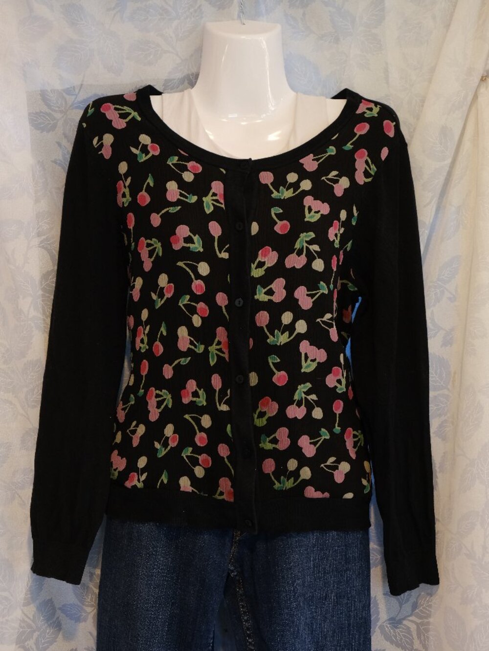 Rafaella Black Silk Blend Cardigan with 100% Silk Cherry Appliqué Detail